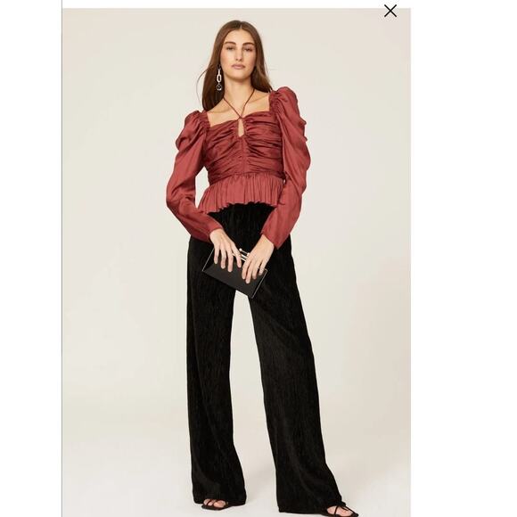 ULLA JOHNSON Women's Red Satin Halter Neck Mirelle Peplum Puff Blouse Size 10 - Picture 1 of 16